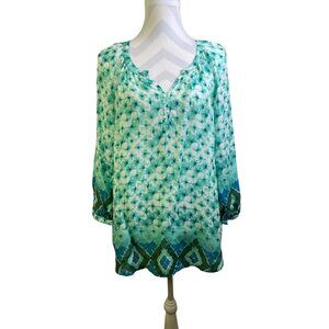 BeachLunchLounge Popover Blouse Medium Green Blue White Watercolor Tie Dye 100%